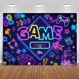 Mocsicka Game Night Backdrop Banner Neon Glow in The Dark Gaming Photo Background Game Night Kids Adults Birthday Party Decorations Photo Booth Props (7x5ft (82x60 inch))