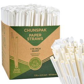 Chunspak 9'' x 0.31'' Giant Paper Drinking Straws Individually Wrapped 300 Counts, Dye-free Brown Kraft - 4 Ply Thick Paper