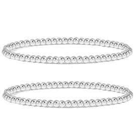 Amejew 2 Pcs 4mm 985 Silver Plated Bead Ball Bracelet Stretchable Elastic Gold Beaded Bracelets for Women(4mm,2Pcs Silver)