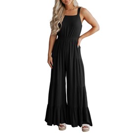 BLENCOT Sleeveless Jumpsuits for Women Summer Casual Loose Overalls Jumpsuit Ruffle Wide Leg Long Pant Flowy Rompers Black Small