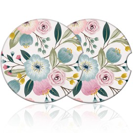 Pink Flower Car Cup Holder Coasters,2 Pack Retro Cup Coasters Car Accessories Interior Aesthetic for Men Women, Absorbent Ceramic Coaster with Cork Back