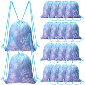 ReliThick 16 Pcs Snowflake Party Favor Gift Bags Blue and Purple Drawstring Backpack Snowflake Treat Goodie Bags for Winter Holiday Birthday Party Supplies