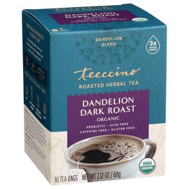 Teeccino Dark Roast Dandelion Tea - Rich & Roasted Herbal Tea That’s Caffeine Free & Prebiotic with Detoxifying Dandelion Root, 10 Tea Bags