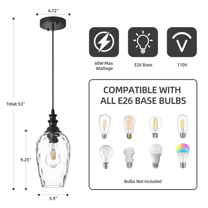 AIBISOD Glass Pendant Lights for Kitchen Island 2 Pack, E26
