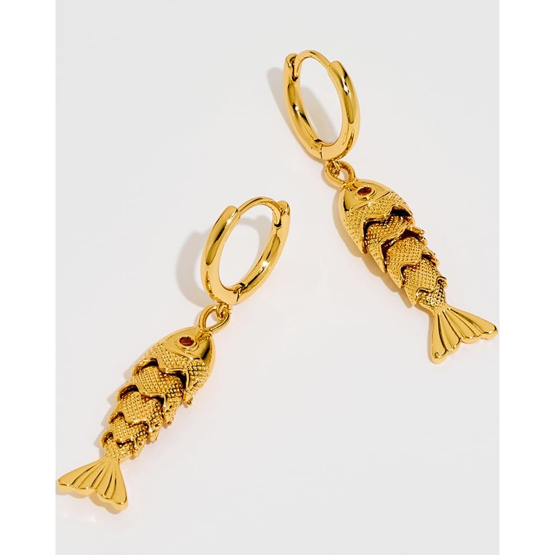 FAUTHENTICUTE 14K Gold Fish Earrings For Women Small Gold Huggie