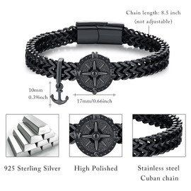 MEDWISE Compass Bracelet for Men Black 925 Sterling Silver Viking Anchor 8.5 Inches Stainless Steel Bracelet Punk Compass Jewelry for Him Men Father Husband Brother Son, Medium, Sterling Silver, no