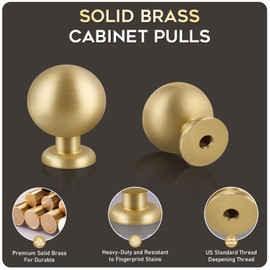 Yiking 4-Pack Solid Brushed Brass Cabinet Knobs, 1-1/8" (2.8cm) Diameter, Modern Hardware, Globe Kitchen Cabinet Drawers, Dresser Handles, Brushed Brass Finish.