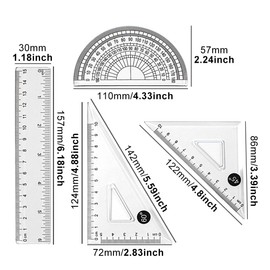 Math Geometry Tools, 4PCS Kit Includes Straight Ruler, Triangle Rulers, Protractor, Drafting Ruler Geometry Math Ruler Measuring Tool for Student School Office Supplies(COLOR:transparent)
