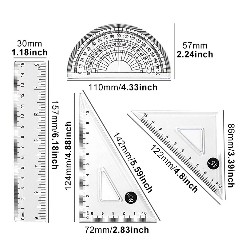 Math Geometry Tools, 4PCS Kit Includes Straight Ruler, Triangle Rulers,