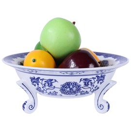 XINGYAN 10in Blue and White Ceramic Fruit Bowl,Chinoiserie Decorative Bowl,Three-Legged Porcelain Pedestal Bowl for Fruit, Serving, Kitchen Counter, Dining Table Centerpiece, Home Decor (10in)