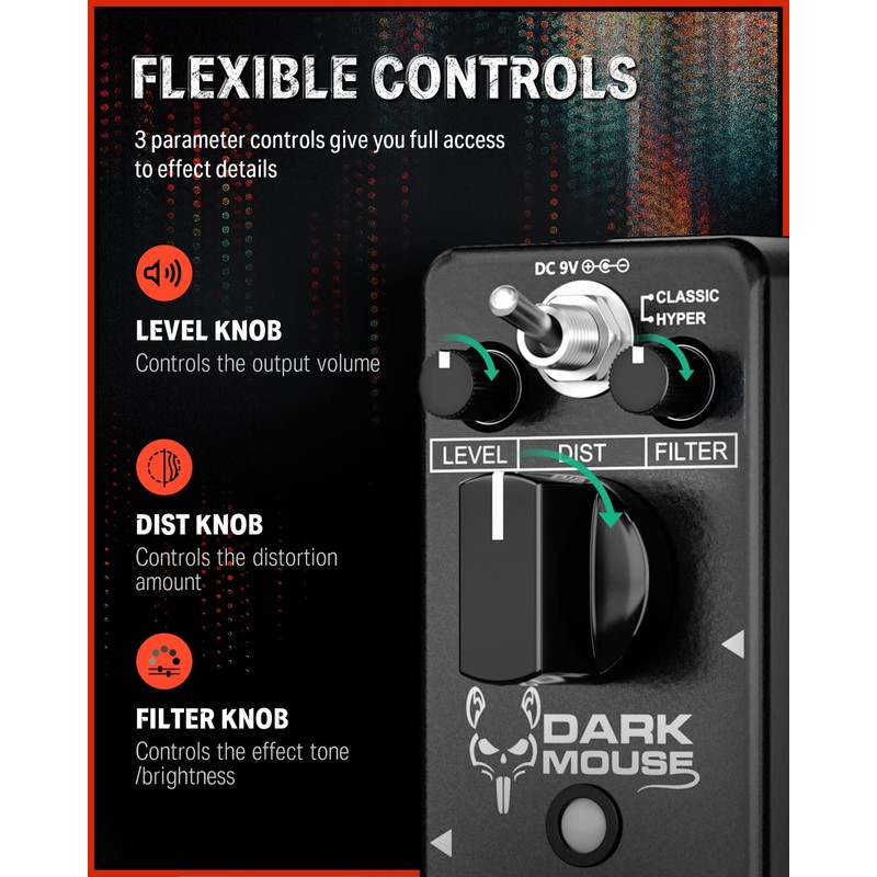 Donner Dark Mouse Distortion Pedal for Pedalboard Electric Guitar, 2