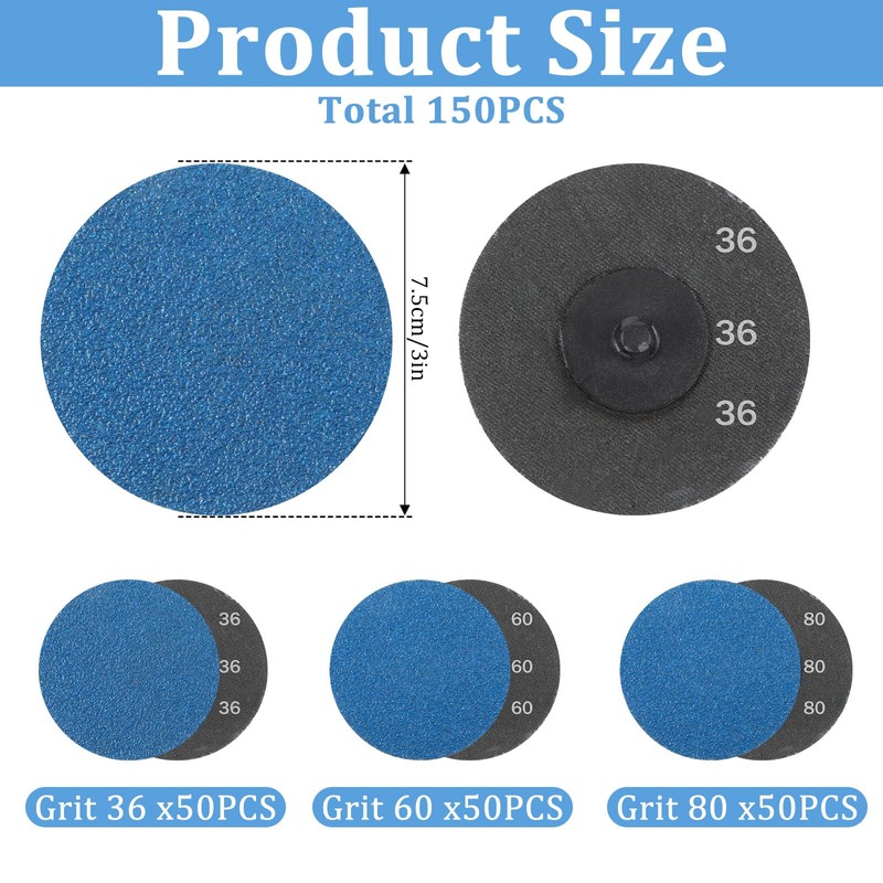 JJUNW 150Pcs 3 inch Quick Changing Disc Set, Zirconia Roll