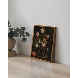 ARPEOTCY Vintage Framed Floral Wall Art Decor, Bathroom Dark Flower Bouquet Retro Wall Decor, Canvas Prints Art, Bedroom Roses and Tulips Paintings Farmhouse Moody Home Decoration, 8x10 Inch