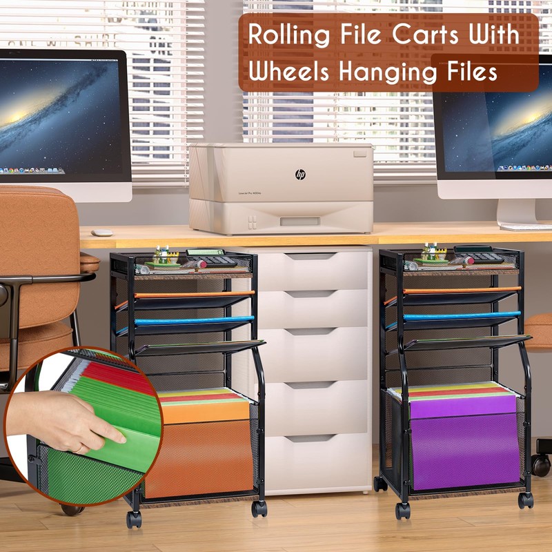3IngSeagulls 5-Tier Rolling File Cart with Hanging File Folders, Mobile