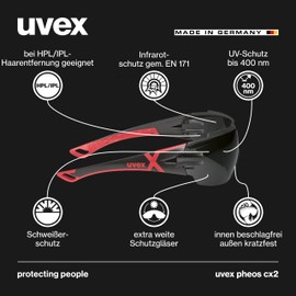 Uvex pheos cx2 - safety glasses - spectacles supravision excellence technology - metal-free, anti-fog & scratch-resistant - one size - black/red, grey 2% (IR-ex 5)