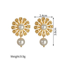 Dainty Sunflower Stud Danlge Earrings for Women Girls 14K Gold Plated Flower Pearl Dangling Drop Earrings Minimalist Stainless Steel Earrings Hypoallergenic Ear Vintage Jewelry Gifts