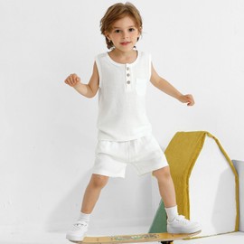 Weixinbuy - Conjunto de ropa de verano para bebés y niños, de algodón y lino, sin mangas, con bolsillo, playera, conjunto corto, Blanco, 18-24 Meses