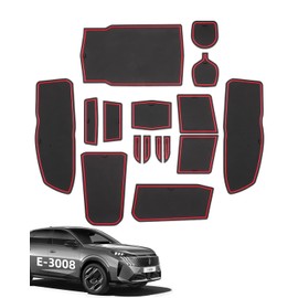 LANGBEAN Door Slot Mat for Peugeot e-3008 2024 2025, 16PCS Anti-Slip & Durable Rubber Mats, Center Console Armrest Storage Box Custom Liner Mats, Cup Holder Mat, Black & Red