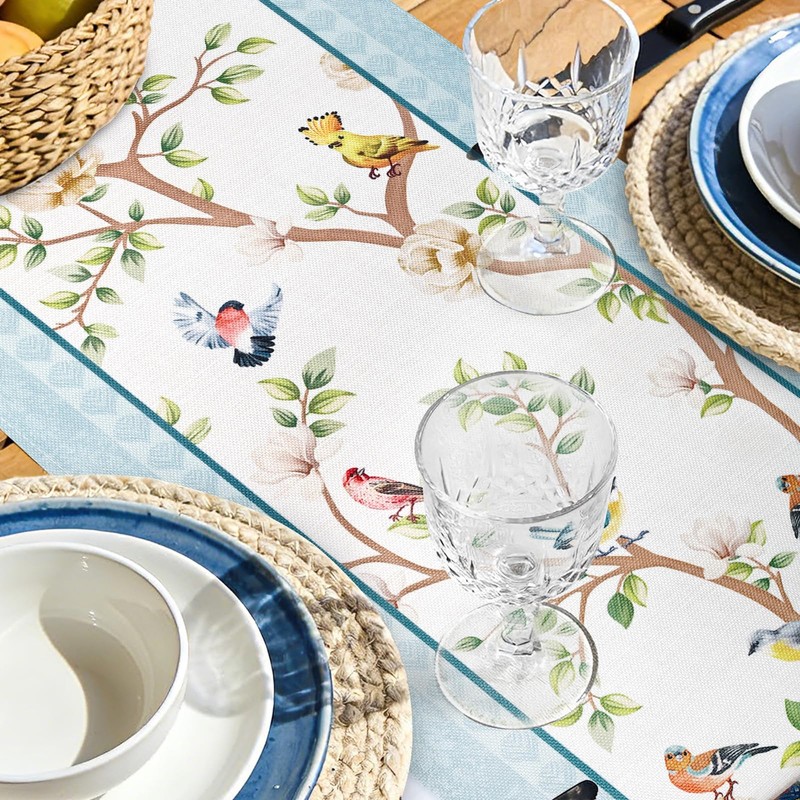 Bonhause Spring Summer Blue Birds Floral Table Runner 13x72 Inch