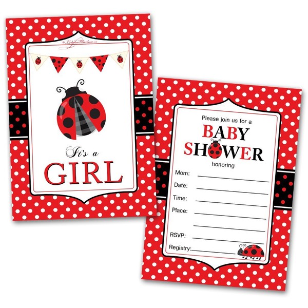 It's a Girl Ladybug Baby Shower Party Invitation Cards, 20 Cards and 20 Envelopes
