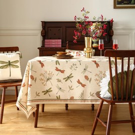 ISAENNE French Tablecloth for Rectangle Tables,Linen Table Cloth with Flowers and Red and Green Dragonflies Pattern,Durable Table Cover for Dining Thanksgiving Kitchen Party Christmas,63"*102"