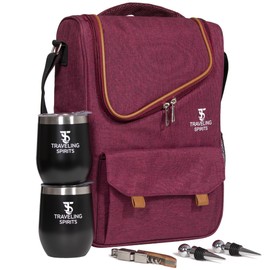 Traveling Spirits Insulated Red Wine Edition Carrier | 2-3 Bottle Travel Bag With Stainless Steel Tumblers | Cooler Tote for Travel - Great Gift for Wine Lovers (Red)