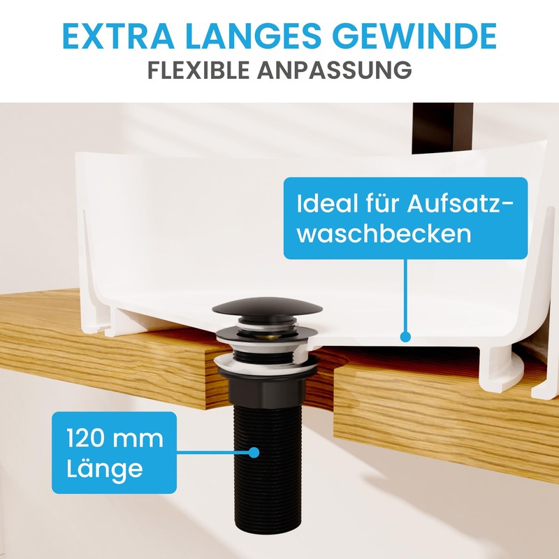 Bächlein Extra Long Universal Drain Fitting without Overflow (Matt Black)