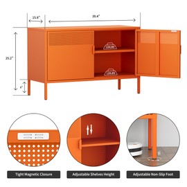 Ustamio Orange Wide Metal Locker Storage Cabinet, 2 Door Metal Accent Cabinet for Home and Office, 2 Tier Low Metal Cabinet with Doors and Shelf, Multipurpose Metal Tv Stand Cabinet