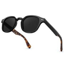 Vintage Polarized Sunglasses for Men Women, Durable Acetate Round Shape Stylish Thick Frames with Patterned Metal Wire Core Arms, TAC Sun Lens UV400 Protection for Outdoor Wear, Black Tortoise