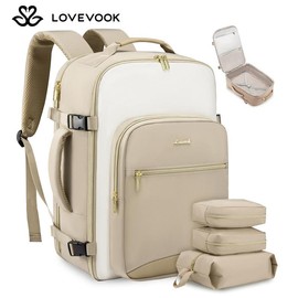 LOVEVOOK TikTokShopRestock  Colorblock Carry-On Travel Backpack with 3 Packing Cubes and Laptop Compartment - Personal Item, TSA-Friendly, Airline Approved Travel Bag for Hiking, Overnight, Weekend, Gift for Valentine's Day:_Light Green-Beige-Olive Green_40L