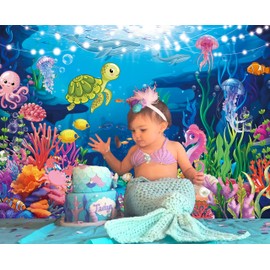 Under the Sea Backdrop Underwater Coral Ocean Animal Photography Background Sea Theme Birthday Baby Shower Party Decorations Photo Booth Props (7x5FT（210x150cm）)