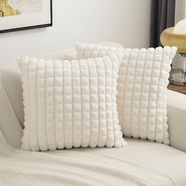 FUTEI Cream White Decorative Throw Pillow Covers 20x20 Inch Set of 2,Square Cushion Case,Fluffy Faux Rabbit Fur Plaid & Soft Velvet Back,Modern Home Decor for Couch Bed