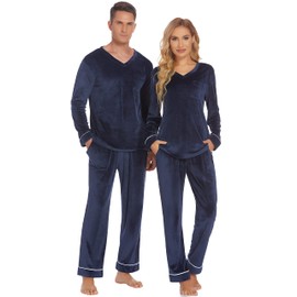 Ekouaer Couples Matching Pajamas Sets Velvet PJs Set for Men and Women Velour Long Sleeve Sleepwear S-XXL Navy