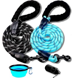 Wolfi Set de 2 Correas para Perro de 1.5 M con Mango Acolchado y Costuras Reflejantes para Perros, Incluye dispensador de Bolsas para excremento de Perro y Plato Plegable (Negro y Azul)