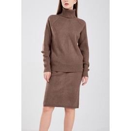 chouyatou Women's Casual 2 Piece Outfits Turtleneck Cable Knit Sweater and Bodycon Skirt Sets (Medium, Brown)