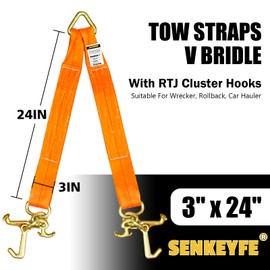 SENKEYFE Tow Straps V Bridle, 3" x 24" Recovery V-Strap with RTJ Cluster Hooks, 5400LBS RT Compact J Hook Recovery Bridle, Towing Strap with Hook for Wrecker, Rollback, Car Hauler