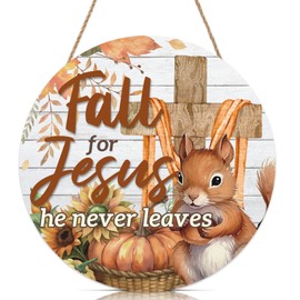 Wood Fall Door Sign Fall for Jesus He Never Leaves Hanging Decoration Maple Leaf Pumpkin Front Door Hanging Decor 11.4x11.4 Inch