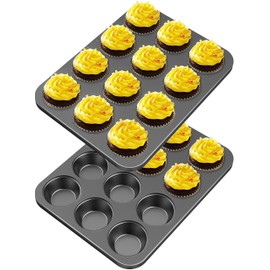 CHEFMADE 12 Cups Muffin Pan Set, 2 Packs Bakeware Non-Stick Cupcake Baking Pan Heavy Duty Carbon Steel Pan Muffin Tins Standard Baking Mold for Cakes