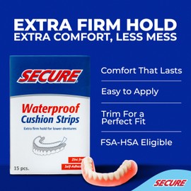 Secure Denture Adhesive Strips – Zinc Free – Waterproof – Comfortable Cushion Fit for Lowers – Extra Firm All-Day-Hold – No Mess – Clean Ingredients - 30 Strips (2 Pack)