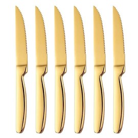 TAFAAL Stainless Steel Steak Knives, Corrosion Resistant, Serrated Sharp Blade, Stainless Steel Handle, Kitchen Table Knife (Gold-6)