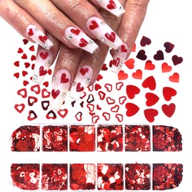 WAFOLOZE 12Grids Red Heart Nail Glitter Sequins 3D Heart Nail Art Stickers Decals Valentines Glitter for Nails Design Love Nail Flakes Valentines Day Nail Art Glitters Sparkle Acrylic Nail Decorations