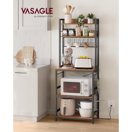 VASAGLE Hutch Bakers Rack with Power Outlet, 14 Hooks Microwave Stand, Adjustable Coffee Bar with Metal Wire Panel, Kitchen Storage Shelf, 15.7 x 23.6 x 66.9 Inches, Rustic Brown and Black UKKS037B01