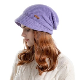 AYPOW Winter Knit Slouchy Visor Hat, Fleece Lined Warm Thermal Hat with Brim, Pullover Ear Protection Hat, Beret Hat Newsboy Cap, Daily Winter Outdoor hat for Ladies Purple