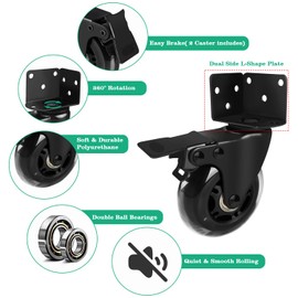 MALLLALA 3" Side Mount Industrial Casters, Heavy Duty L-Shaped Bracket Castor Wheel Replacement with Dual Locking for Material Handling Furniture DIY(2 Left Sided Lock, 2 Right Sided No Lock)