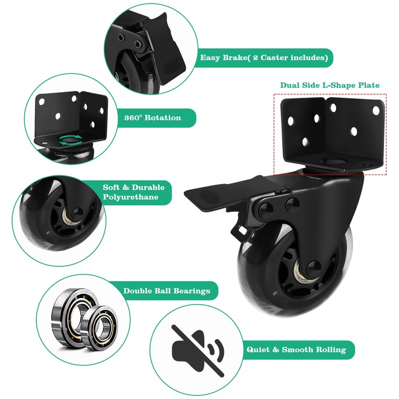 MALLLALA 3" Side Mount Industrial Casters, Heavy Duty L-Shaped Bracket