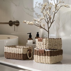 La Jolie Maison Small Beige and Chestnut Wicker Baskets Set of 3, Paper Rope Storage Baskets with Handle, Small Woven Baskets for Organizing, Decorative Cute Baskets for Gifts