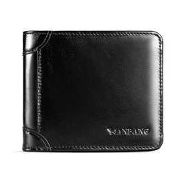 MANBANG 【Genuine Cow Leather】 Brand Men's Wallet Luxury Original Short Tri-Fold First Layer Cowhide RFID Blocking Purse Business Horizontal Fashion (Black)