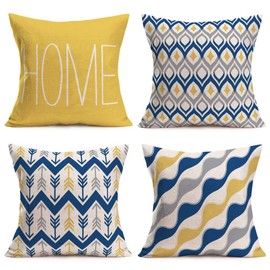 Fukeen Home Geometric Set of 4 Throw Pillow Covers Modern Accent Decorative 20x20 Inch Blue Yellow Grey Arrow Stripes Wave Abstract Pattern Pillow Cases Cushion Cover for Living Room Bed