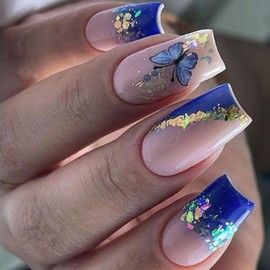 Press on Nails Medium Coffin Fake Nails with Sequins Butterfly Designs Cute Nails Press ons Blue French Tip Glue on Nails Glossy Acrylic Nails Spring Summer Stick on Nails for Women 24Pcs