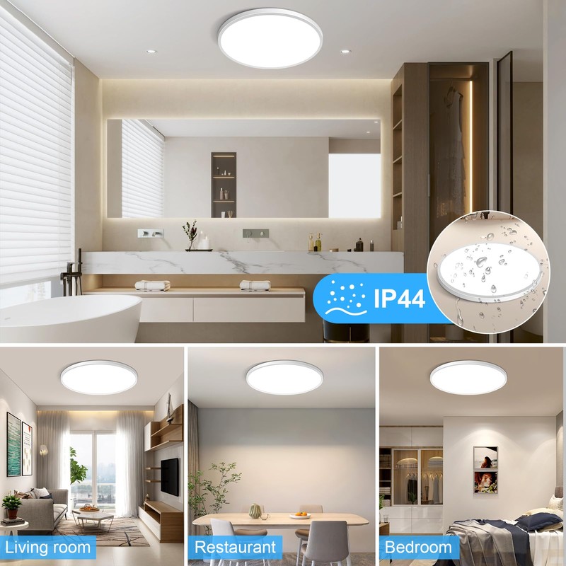 24W LED Flush Mount Ceiling Light Fixture, 6500K Daylight White,